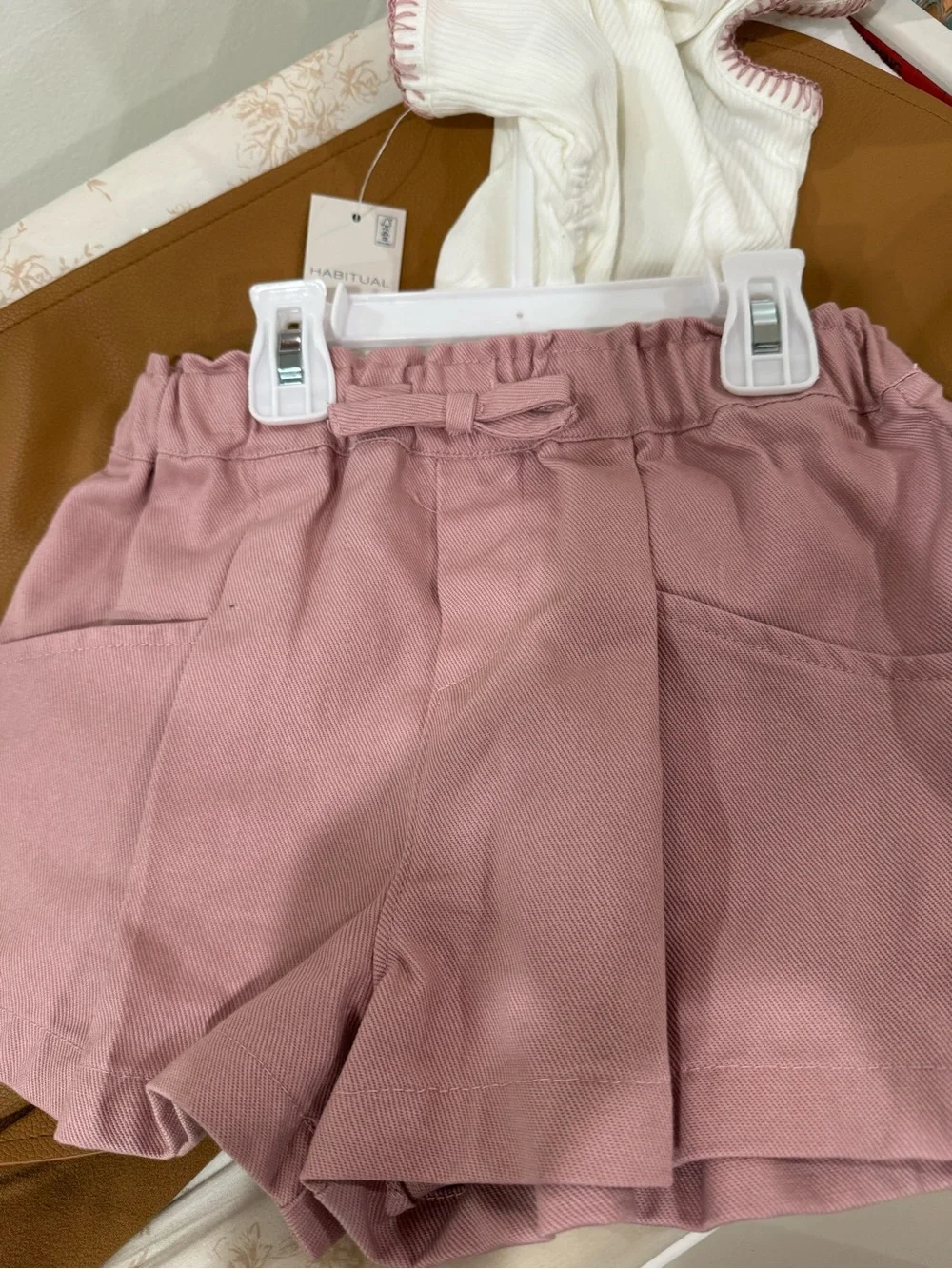 Habitual White Ribbed Tank with Dusty Pink Trim and Matching Pink Shorts